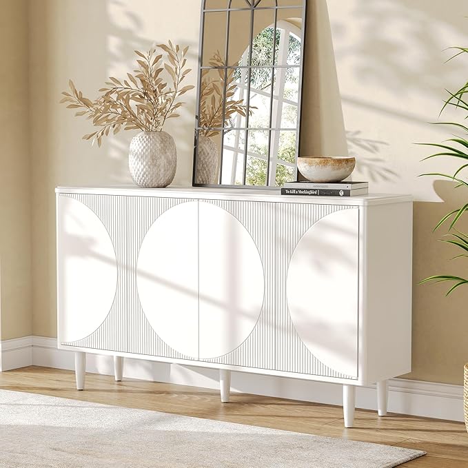 LITTLE TREE 59-Inch Buffet Cabinet Sideboard with Storage, Modern Sideboard Buffet Table with Doors for Living Room, Dining Room (White)