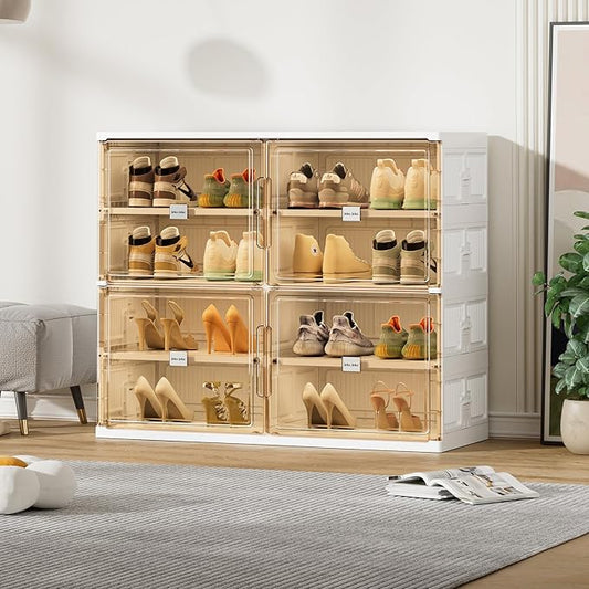 JEKO&JEKO 4 Tiers Foldable Shoe Rack Organizer Cabinet for Closet Entryway, Large Collapsible Shoe Storage Box with Magnetic Doors Fits Up to 16 Pairs (White)