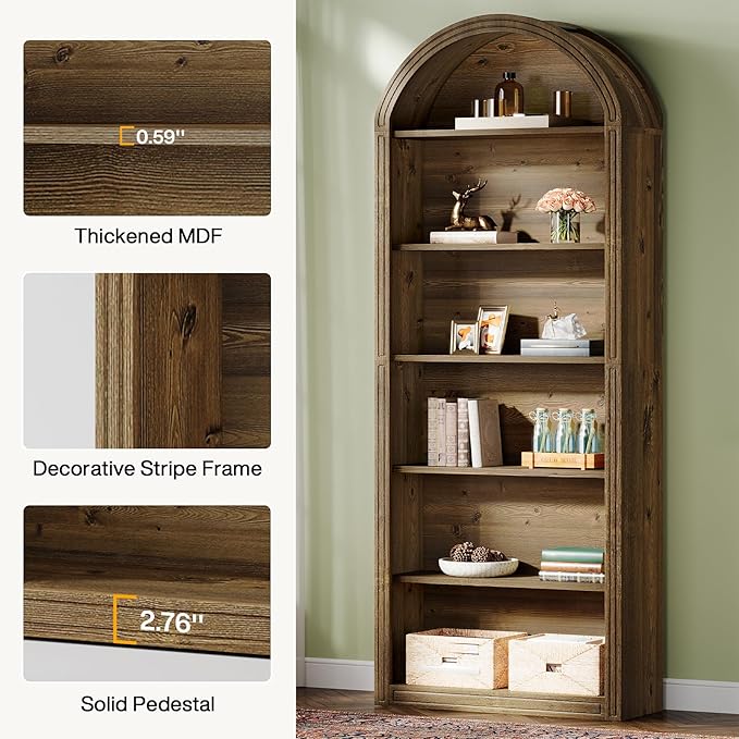 Tribesigns 77.16" Tall Arched Bookshelf, 6-Tier White Arched Bookcase with Storage Shelves for Living Room, Bedroom, Set of 2 (Brown, 6-Tier)
