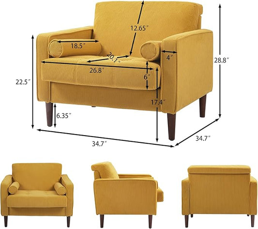Oversized Accent Chair Set of 2, Corduroy Fabric Mid Century Modern Armchair with Large Seat for Living Room Bedroom Reading