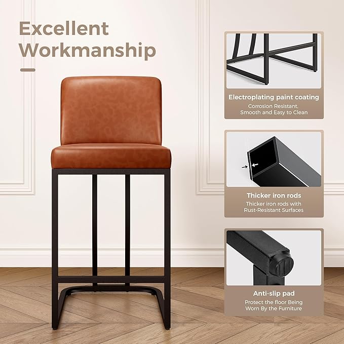 MAISON ARTS Counter Height Bar Stools with Back Set of 4 for Kitchen Counter, 24 Inch Modern Upholstered Faux Leather Barstools Farmhouse Bar Chairs Luxury Island Stools Support 330LBS, Brown