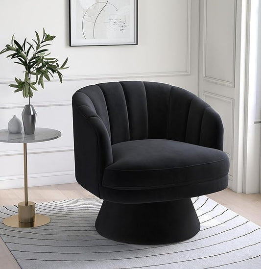 Swivel Accent Chair,Upholstered Velvet 360° Swivel Barrel Chair for Living Room Overstuffed Bouncle Reading Chair Round Armchair for Bedroom,Vanity,Office (Black)