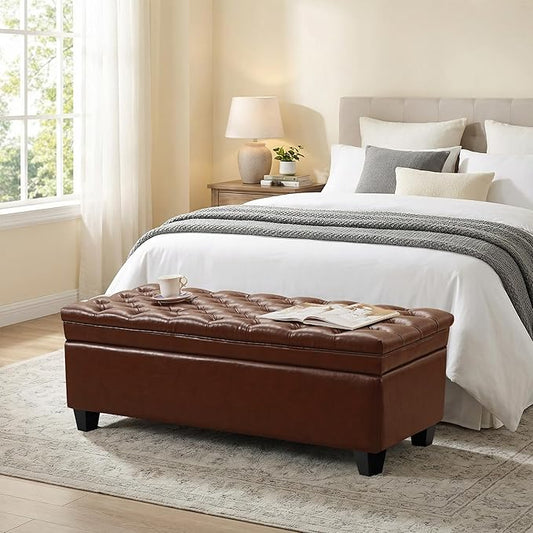 50" Faux Leather Storage Ottoman Bench, Rectangular End of Bed Storage Bench, Upholstered Large Tufted Ottoman with Storage for Living Room, Bedroom, Entryway,Light Brown