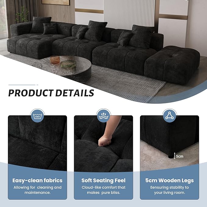 WJShome 144" Sectional Couches for Living Room,Modular Sectional Sofa, U Shaped Couch, Linen Deep Seat Cloud Couches with Pillow for Living Room,Black
