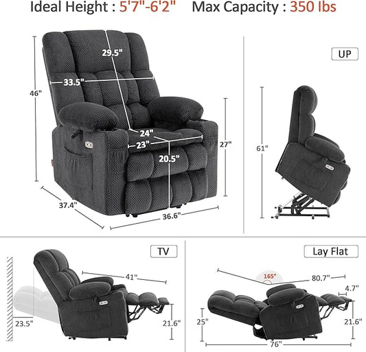 MCombo Dual Motor Large Power Lift Recliner Chair for Elderly, Lay Flat Lift Chair with Heat and Massage, Big Lift Recliner for Tall People, Cup Holders, Fabric 7896 (Large, Dark Gray)