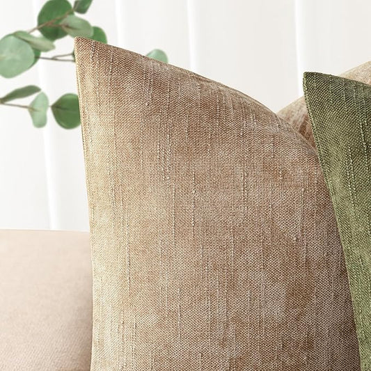 Foindtower Pack of 2 Soft Textured Chenille Throw Decorative Pillow Covers Square Accent Solid Cushion Cover Neutral Lumbar Pillow Case for Couch Sofa Bedroom Living Room 12x24 Inch,Taupe Khaki Camel