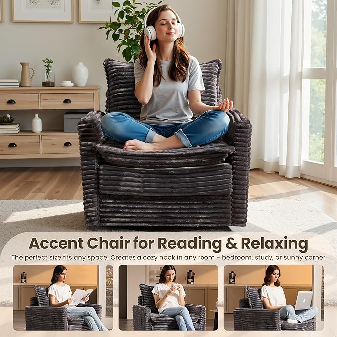 Swivel Accent Chair Set of 2, Modern Sofa Chairs for Living Room, Plush Upholstered Cloud Chair with Double Layer Thick Cushions, Bedroom Reading Nook Armchair, Gray