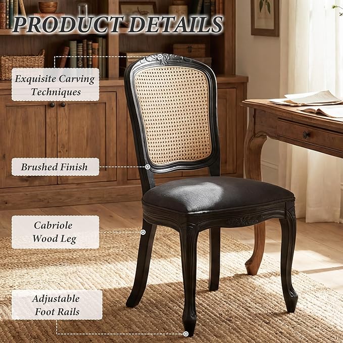 Wicker Dining Chairs Set of 2, Upholstered Linen Fabric Dining Room Chairs with Square High Rattan Back Farmhouse French Kitchen Chairs for Dining Table/Living Room/Restaurant, Black