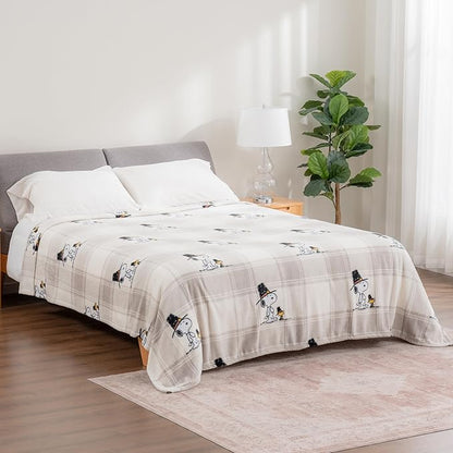 Berkshire Blanket Peanuts® VelvetLoft® Cute Character Snoopy Plush Blanket,Lakeside Plaid Harvest Snoopy and Woodstock Grey,Full/Queen 90 in x 90 in (Official Peanuts® Product)