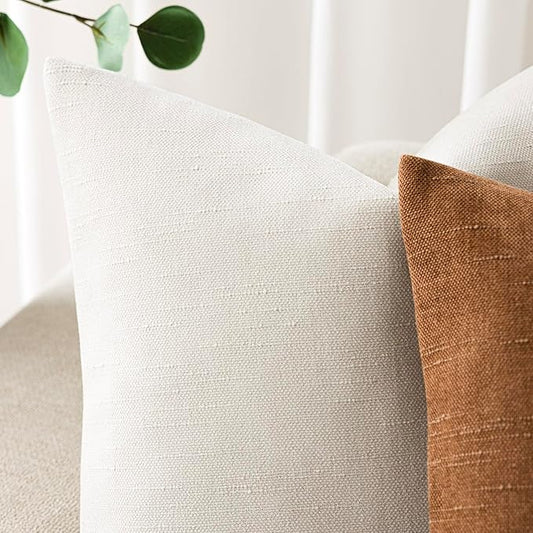 Foindtower Pack of 2 Textured Chenille Throw Decorative Pillow Covers Square Accent Solid Cushion Cover Cozy Neutral Farmhouse Pillow Case for Couch Sofa Bedroom Living Room 26x26 Inch, Ivory White