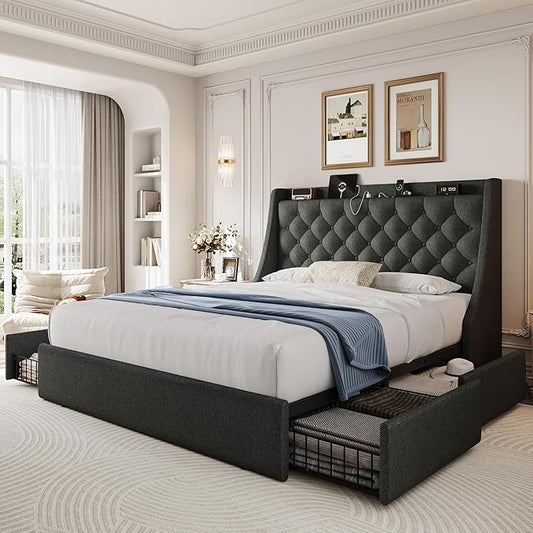 Queen Size Upholstered Platform Bed Frame with 4 Storage Drawers and Charging Station, Linen Button Tufted Wingback Headboard, Sturdy Wooden Support Slats, No Box Spring Needed, Dark Grey