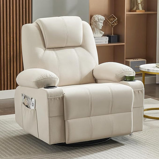 Oversized Swivel Rocker Recliner Sofa Chair with Heat and Massage, Large Big Recliner for Living Room,360 Degree Swivel Rocking Single Sofa with Cup Holders and USB Port(Fabric, Light Beige)