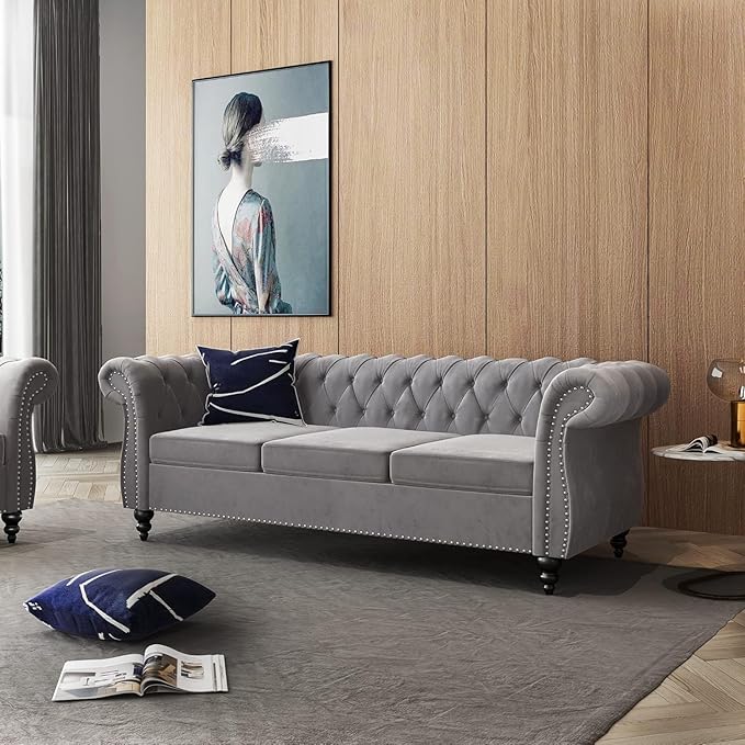 Chesterfield 3 Seater Sofa, Modern Velvet Tufted Couch 3 Seater with Rolled Arms and Nailhead Mid-Century Upholstered Couch for Living Room, Bedroom, Apartment and Office, Grey
