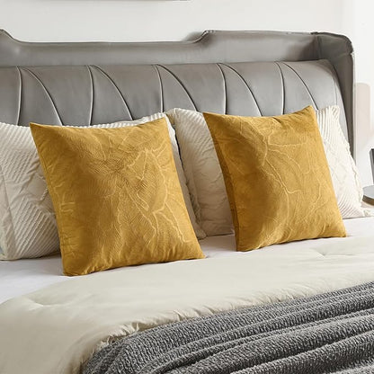 FUTEI Golden Yellow Velvet Throw Pillow Covers 20x20 Inch Set of 2,Soft Embossed Leaf-Relief Textured Cushion Cases,Natural Home Decor for Couch Living Room