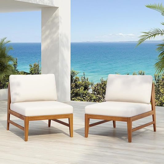 Christopher Knight Home Suri Set of 2 Acacia Wood Lounge Chair Outdoor, Contemporary Accent Chair Set with Weather Resistant Cushion, Deep Seating Armless, Comfy Patio Chairs, Teak + Cream