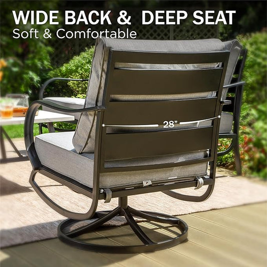 PHI VILLA 8 PCS Patio Furniture Set with Fire Pit Table,Metal Outdoor Furniture with 1 x 3-Seat Bench Sofa, 2 x Swivel Sofa Chairs, 2 x Leg Chair & 2 x Ottoman, Modern Patio Set, Grey