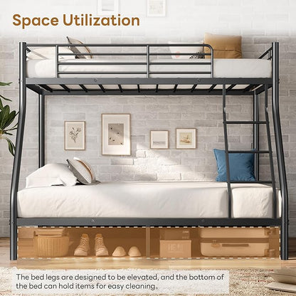 Bellemave Twin Over Full Bunk Bed for Teens, Twin Over Full Bunk Bed Frame with Build in Ladder and Full Length Guardrail, Easy Assemble Bunkbeds, Mattress Not Included, Black