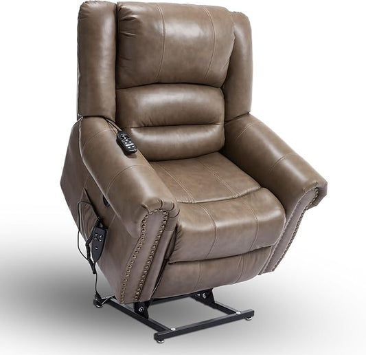 Luxlen Power Lift Recliner Chair for Elderly, Dual Motor Massage Recliner with Lumbar Heat, Heavy Duty Motion Mechanism Lift Chair with Charge Ports, Genuine Leather - Brown