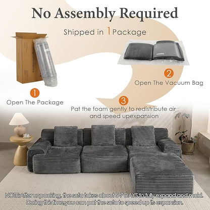 VK·LIVING 113" Cloud Sectional Couch, 61.6" Deep Seat Boneless Modular Sofa with Wide Armrests, Plush Corduroy Memory Foam Couch for Living Room, No Assembly, Dark Gray