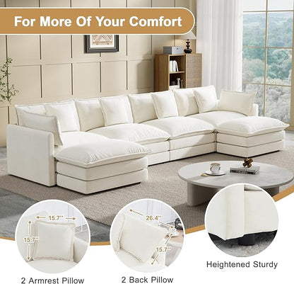 Modular Sectional Sofa, 146.5 Inch U-Shaped Cloud Sofa with Deep Seat Chenille Sofa with Cushions, Four Seater Sectional Sofa for Living Room Apartment,White