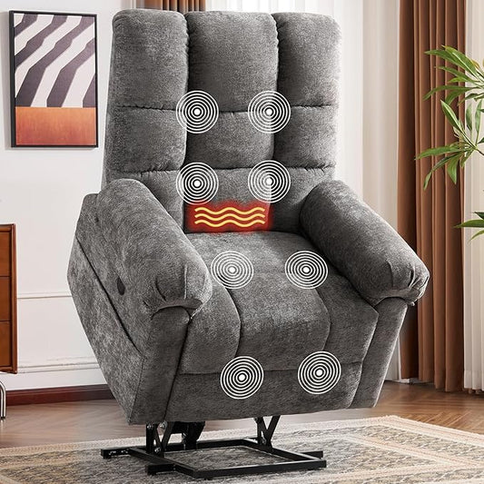 Oversized Power Lift Recliner Chair for Elderly, Electric Lift Chair with Masssage and Heat, Overstuffed Power Recliner for Adults, 3 Positions,USB Ports, Side Pockets,Grey