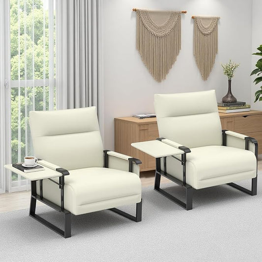 Upholstered Accent Chairs Set of 2, Modern Faux Leather Sofa Chairs with Foldable Side Tray Table & Storage Pocket, Small Accent Sofas for Living Room, Bedroom, Beige