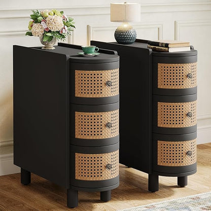Tribesigns Solid Wood End Table Set of 2, 3-Drawer Rattan Side Table, Night Stand with 3 Rattan Drawers and Exquisite Embossed Handles for Living Room, No Assembly Required (Black & Oak)
