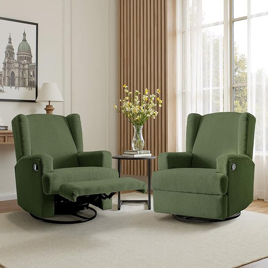 Boucle Swivel Glider Recliner Chairs Set of 2 for Adults - Plush High Back Rockers with Deep Seat, Coordinating Manual Recliners for Living Room, Luxury Upholstered Armchairs-Green