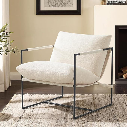 Furnilivng Large Sling Accent Chair, Comfortable Boucle Fabric Arm Chair, Upholstered Cozy Reading Chair for Living Room, Bedroom, Dressing Room, Home Office, White