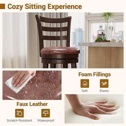 COSTWAY 30” Bar Height Stools Set of 4, Swivel l High-Top Chairs with Backrest & Faux Leather Padded Seat, Rubber Wood Barstools with Footrest for Kitchen, Dining Room, Pub (4,30'')