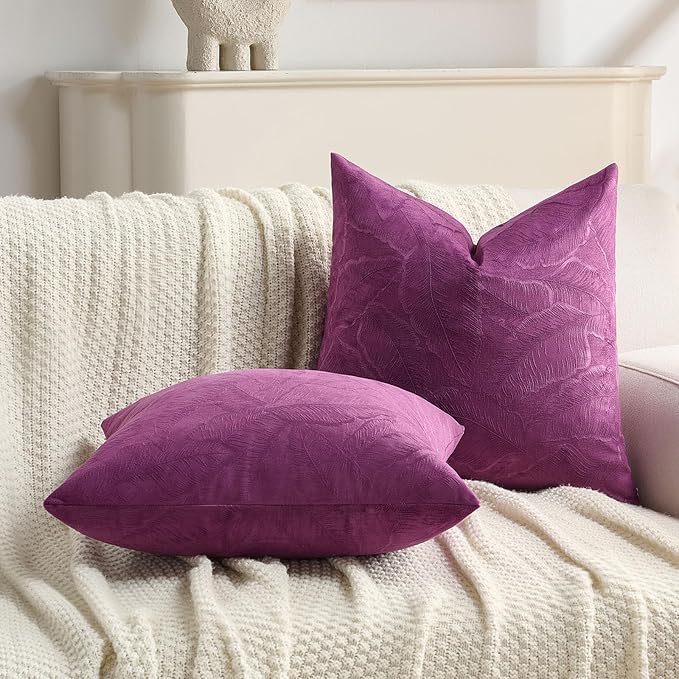 FUTEI Purple Velvet Throw Pillow Covers 22x22 Inch Set of 2,Soft Embossed Leaf-Relief Textured Cushion Cases,Natural Home Decor for Couch Living Room