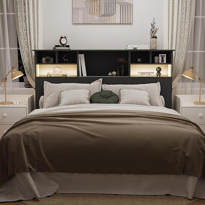 Queen/Full Headboard Only for Bedroom, Stylish Bookcase Headboard with Charging Station & 2 LED Lights, Engineered Wood Queen Size Headboard, Noise-Free HeadBoard with Storage, Black