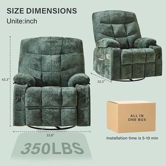 Manual Rocker Recliner Chair, 360°Swivel Recliner Chairs for Adults, Single Recliner Seat with Cup Holders,Upholstered Fabric Lazy Boy Recliner,Green