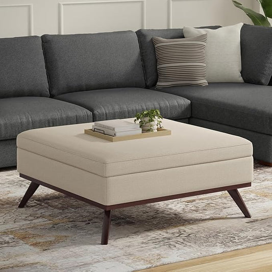 SIMPLIHOME Owen 40 inch Wide Mid Century Modern Square XL Coffee Table Storage Ottoman in Natural Polyester Fabric, Assembled, for The Living Room, Entryway and Family Room