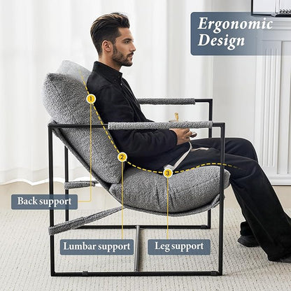 Furnilivng Large Sling Accent Chair Set of 2, Comfortable Boucle Fabric Arm Chair, Upholstered Cozy Reading Chair for Living Room, Bedroom, Dressing Room, Home Office, Grey