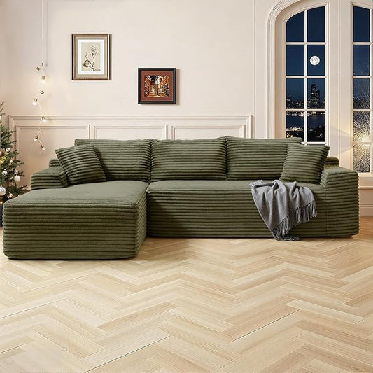95 Inch Cloud Sectional Couch,Modular Sectional Sofa with Deep Seat,Modern Corduroy Boneless Couches with L-Shape Chaise for Living Room Bedroom,No Assembly Required (Green, Left Facing Chaise)