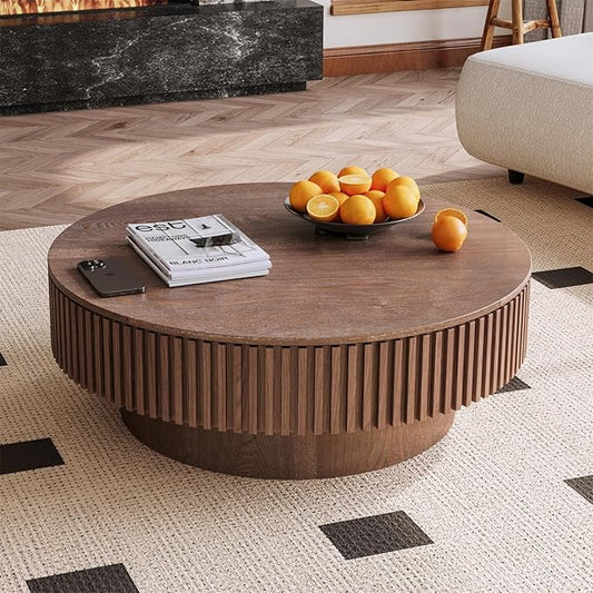 39.37'' Round Coffee Table for Living Room, Fluted Coffee Table with Hidden Storage, Solid Wood Veneered Circle Tea Table, Modern Tea Table for Small Space Apartment (Walnut)
