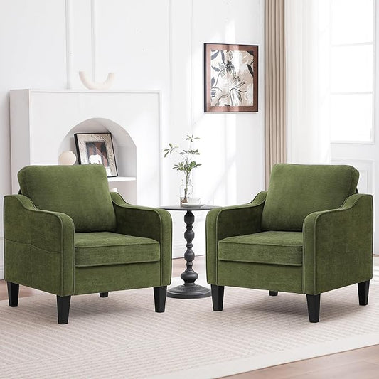 Accent Chairs Set of 2, Upholstered Living Room Chair with Side Pockets, Mid Century Modern Reading Chair for Bedroom, Comfy Armchair Single Sofa Side Chair for Office, Small Room, Olive Green
