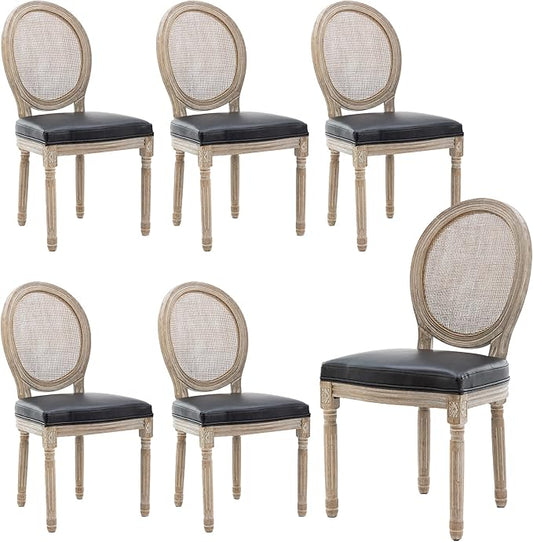 Farmhouse Leather Dining Room Chairs Set of 6 French Dining Chairs with Round Rattan Back French Bistro Chairs for Dining Room/Living Room/Kitchen/Restaurant, Black