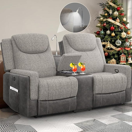 Loveseat Recliner, Manual Reclining Loveseat Sofa with Reading Light, Chic Blend Style Sofa, Storage Console, Cup Holders, USB Ports, Fabric & PU Leather, Recliner Couch for Living Room/RV