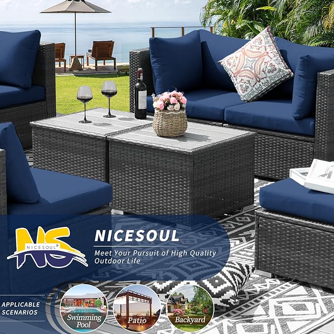 NICESOUL 11 Piece High-End Outdoor Furniture Set, 29.3'' High Back XL Big Size Wicker Patio Sectional, Wide Deep Comfy Conversation Sofas for Garden Deck Backyard Porch, 2 Color Cushion Navy & Grey
