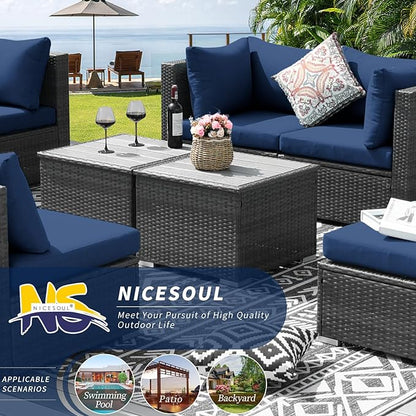 NICESOUL 11 Piece High-End Outdoor Furniture Set, 29.3'' High Back XL Big Size Wicker Patio Sectional, Wide Deep Comfy Conversation Sofas for Garden Deck Backyard Porch, 2 Color Cushion Navy & Grey