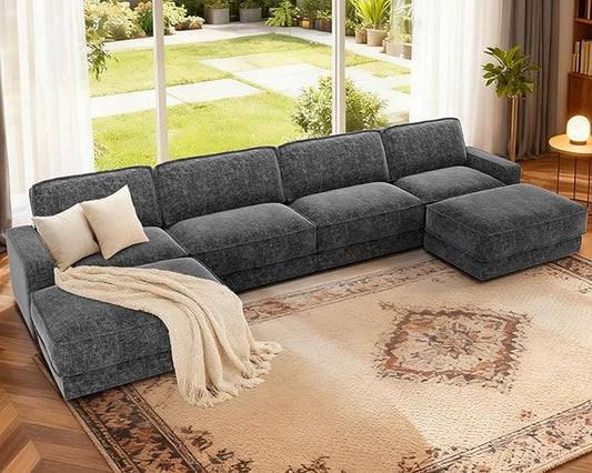Sunny Heart 160" U-Shaped Modular Sectional Sofa, Oversized Cloud Couch with Movable Ottoman, 6-Seat Chenille Deep Seat Sofa with Pillow, Sectional Couches for Living Room, Apartment, Dark Grey