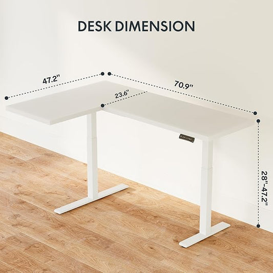 SANODESK 71-Inch Large Dual Motor L-Shaped Electric Height Adjustable Standing Desk - Reversible Panel - White Top/White Frame - Ideal for Gaming, Home Office or Computer Workstation