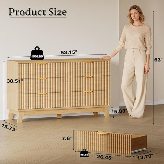 53" Long Dresser for Bedroom, 6-Drawer Dresser with Fluted Fronts, Wide Wood Chest of Drawers, Smooth Metal Slides, Stable Base, Modern Clothes Storage Cabinet for Living Room, Hallway
