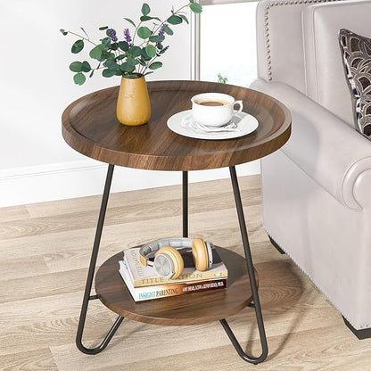Tribesigns Set of 2 Round Side Table, 2-Tier End Table with Metal Legs, Modern Industrial Beside Table, Small Accent Table Snack Table for Living Room, Bedroom, Small Space, Brown