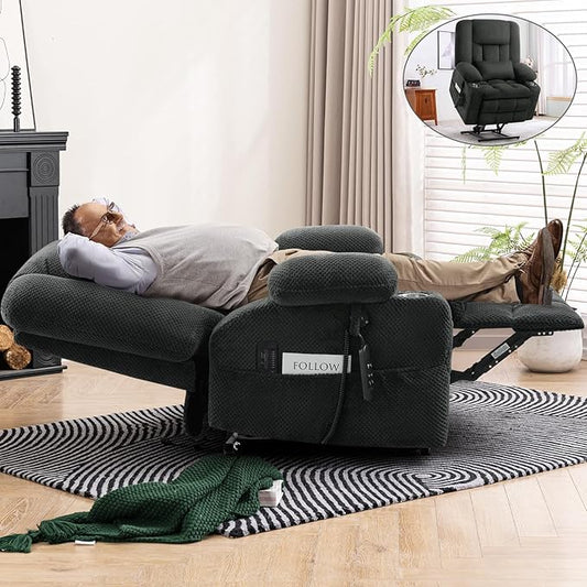 ABCASA Oversized Dual Motor Lay Flat Power Lift Recliner Chair, Massage Recliner Chairs with Heat, Lumbar Pillow, USB & Type-C Ports, Oversized Recliner for Big & Elderly People for Living Room - Grey