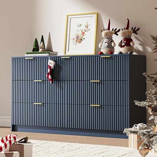 7 Drawer Dresser for Bedroom, Modern Fluted Dresser with Gold Metal Handles, Wide Chest of Drawers for Bedroom, Living Room, Entryway, Hallway, 55.9" L x 15.7" D x 31.4" H, Navy Blue