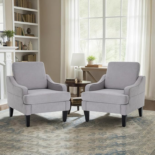 Modern Accent Chairs Set of 2 Upholstered Reading Chair for Bedroom with Side Pockets Comfy Living Room Chairs Living Room Armchair for Office, Apartment (Grey)