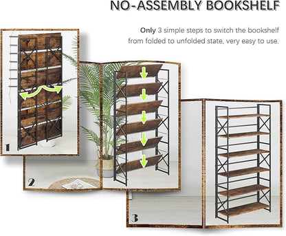 4NM Extra Wide 6 Tiers No Assembly Book Shelves, 61.8" H Folding Bookshelf Bookcase Open Industrial Foldable Shelves for Bedroom, Living Room, Home Office - Rustic Brown Black